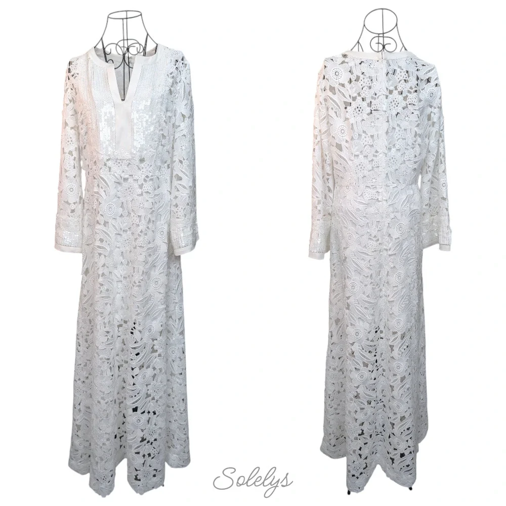 Sachin & Babi Cynthia White Floral Lace Sequin Bridal Wedding Gown Dress Medium - Picture 3 of 10